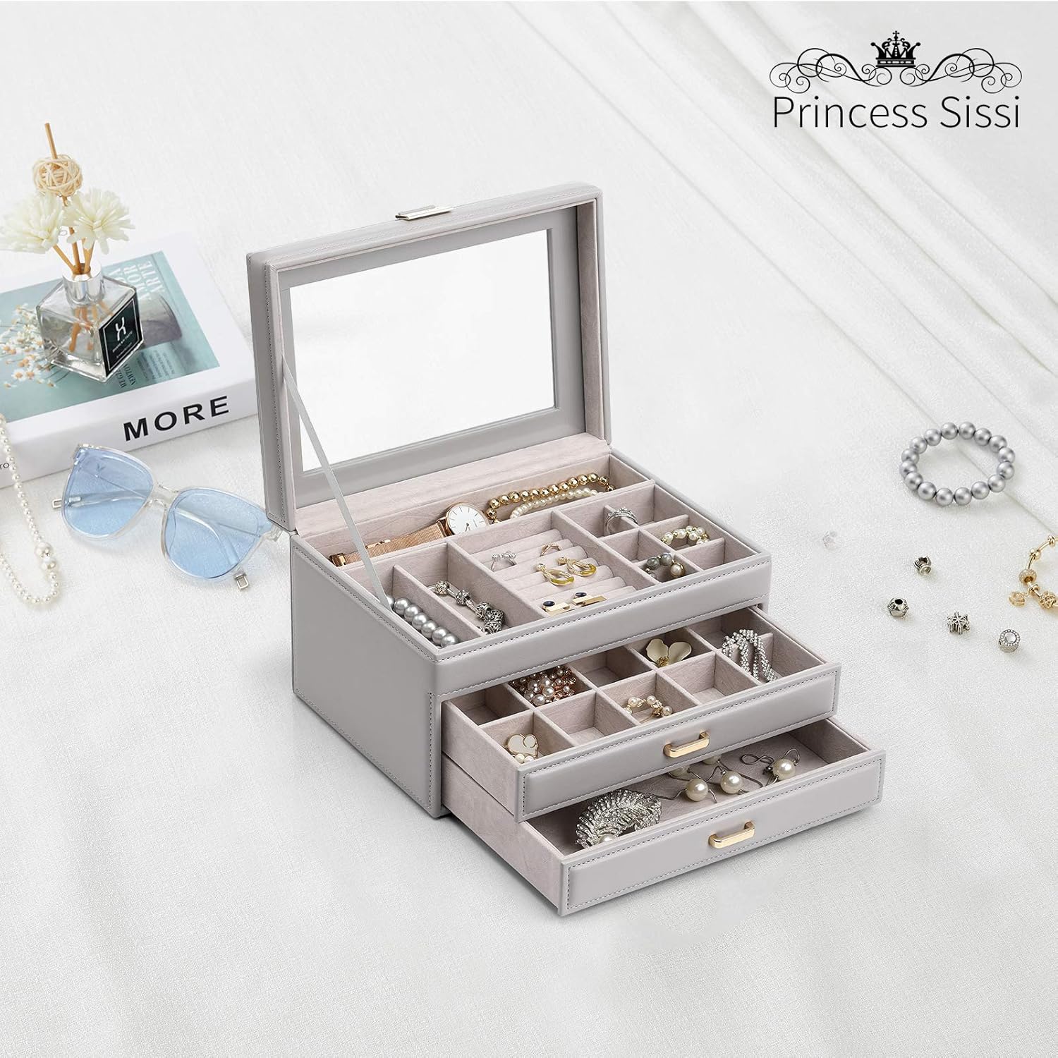 Vlando Jewelry Box Large-Capacity Jewelry Storage Box,Clead Jewelry Storage Box, Girl/Woman Earrings, Necklace, Bracelet (Grey, Clear lid): Home & Kitchen