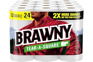 Brawny Tear-A-Square Paper Towels, 12 Double Rolls = 24 Regular Rolls, 3 Sheet Sizes (Quarter, Half, Full), Strength for All Messes, Cleanups, and Meal Prep