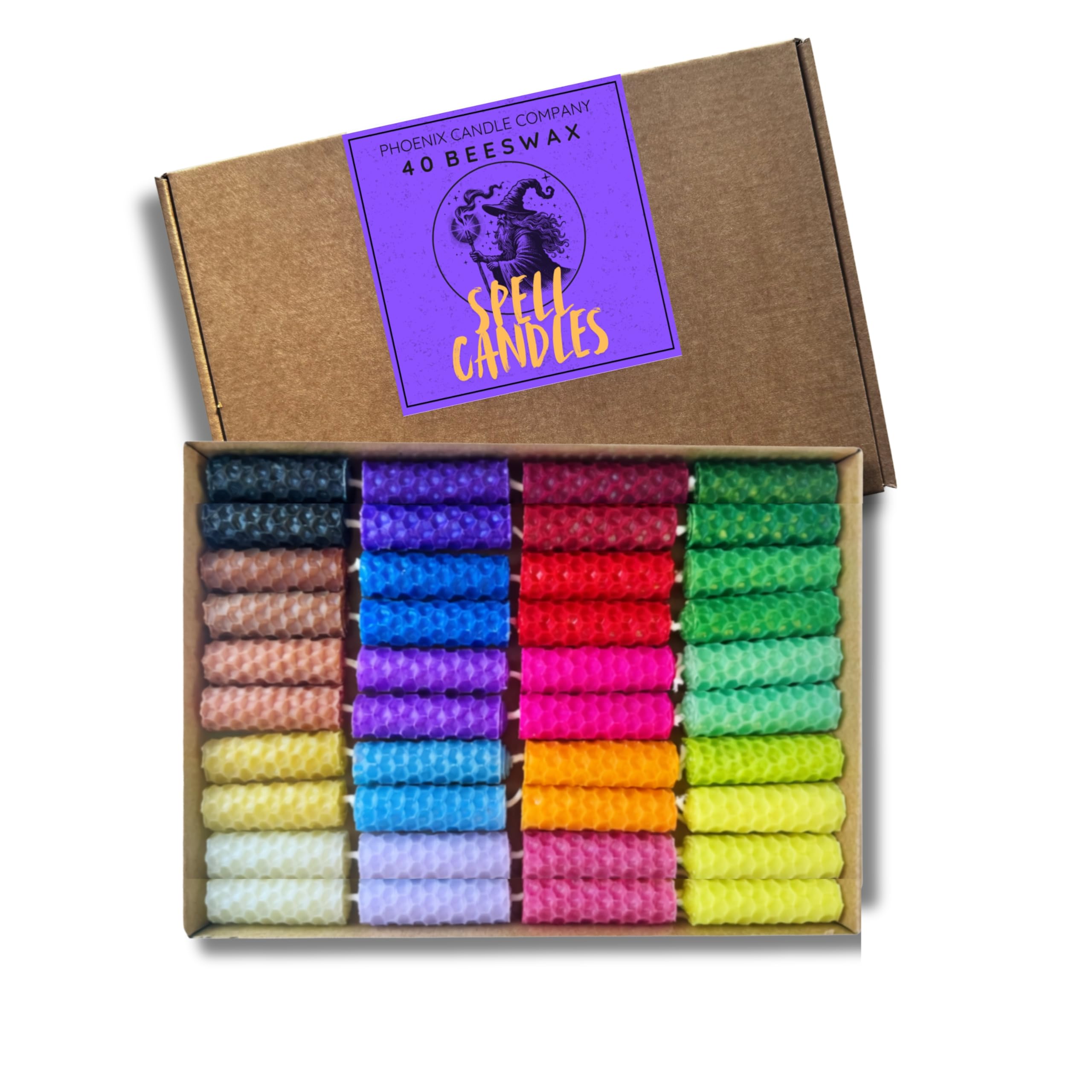 Phoenix Candle Company - Mini Beeswax Spell Candles Set - 40 Count - Hand-Rolled - Assorted Colours