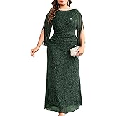 CYCLAMEN Plus Size Sparkly Evening Dress 3/4 Petal Sleeve V-Back Ruched Maxi Gown for Wedding Guest Mother of The Bride