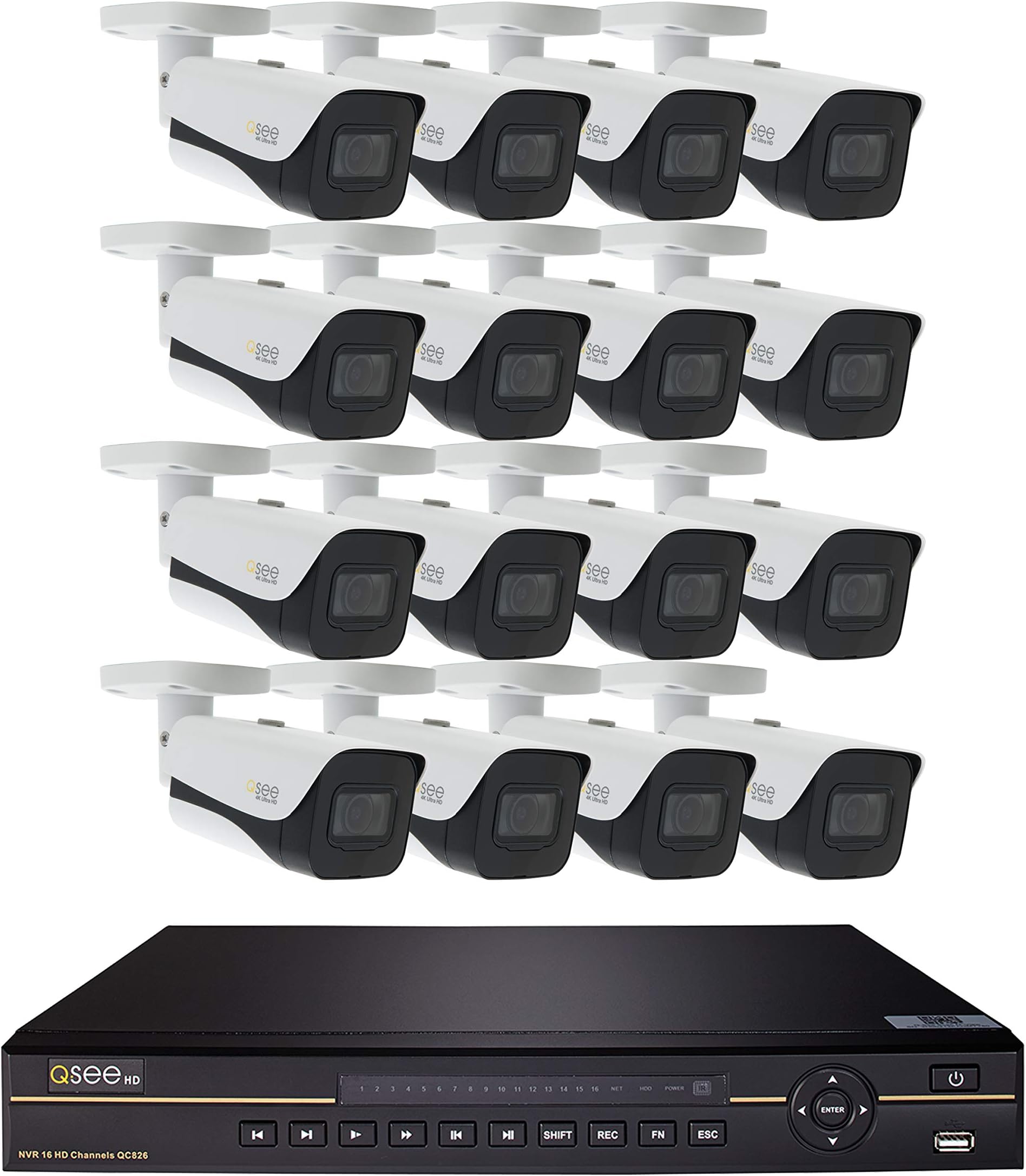 Q-See Home Security System (QC826-16HF-3) 16 Channel 4K Ultra HD NVR with 3TB Hard Drive and (16) 4K Ultra HD Bullet Cameras, Night Vision, Indoor/Outdoor, App