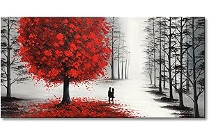 WINPEAK ART Hand Painted Oil Painting Black and White Landscape Canvas Wall Art with Red Tree for Living Room
