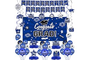 LINHAXM Blue Themed Graduation Decorations Class of 2024 - Congrats Grad Banner & Backdrop, Graduation Hanging Swirl, Balloons, Honeycomb Centerpieces for High School & College Celebrations