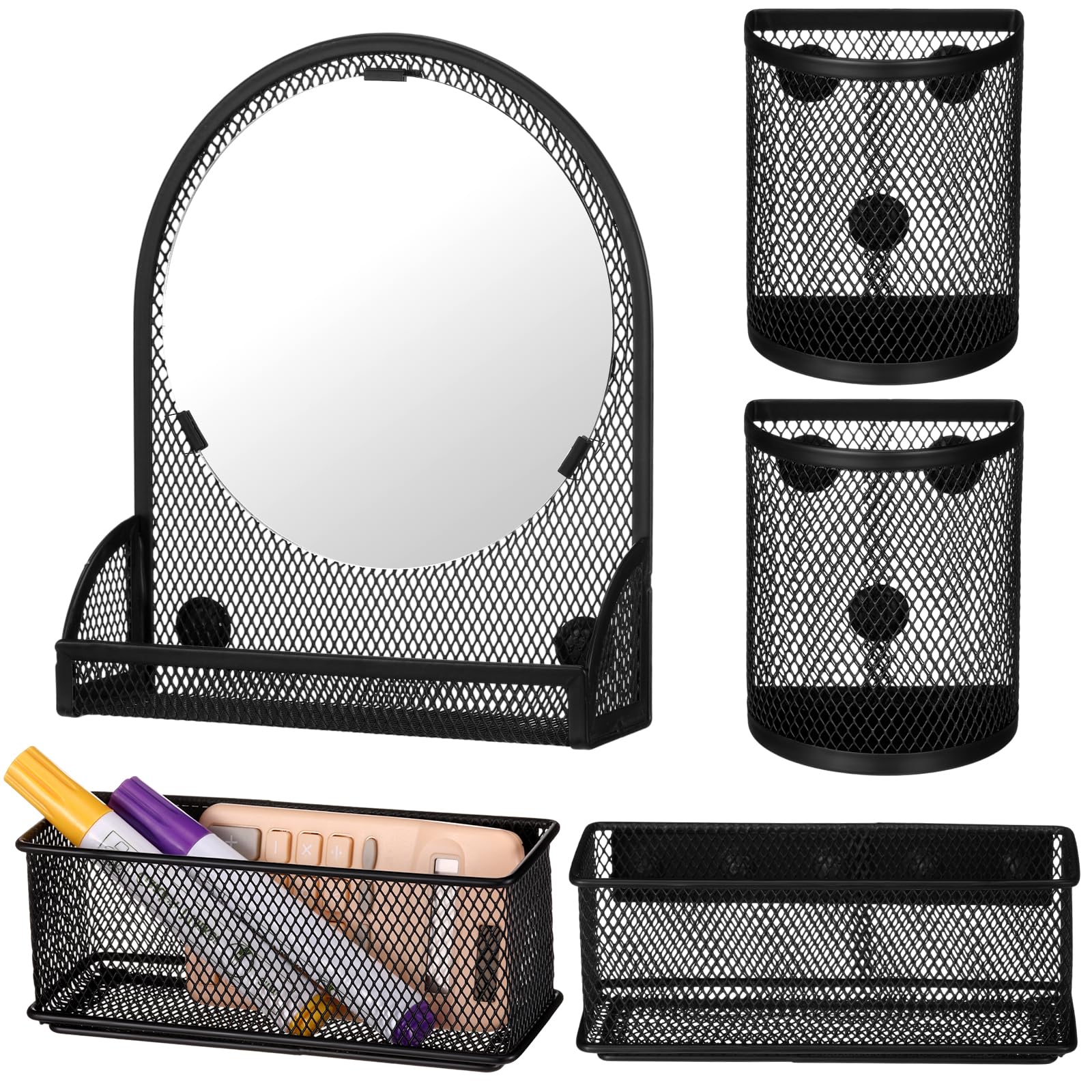 Photo 1 of Weysat Set of 5 Magnetic Locker Accessories Mirror with 2 Magnetic Pen Holder and 2 Wire Mesh Storage Basket for Students Back to School Locker Organizer for School Office(Black)