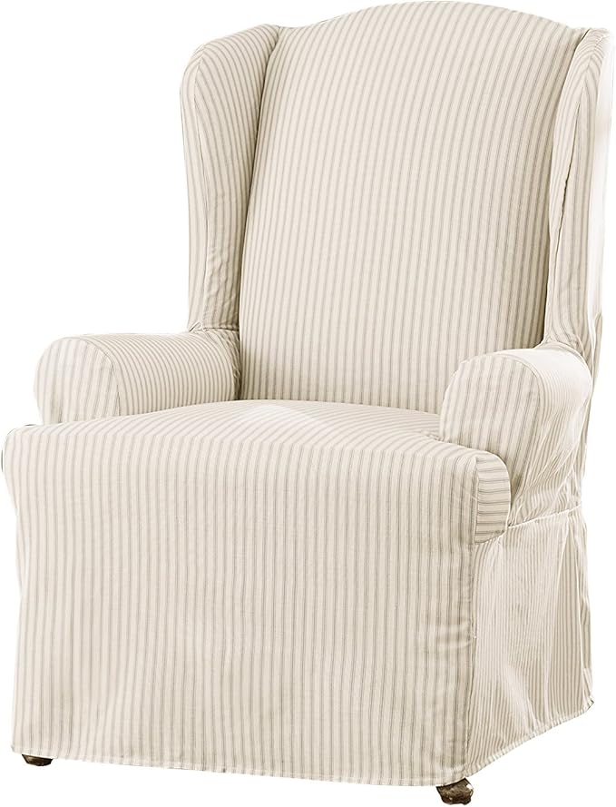 SureFit Ticking Stripe Wing Chair Slipcover Dove Gray