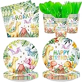 Dinosaur Birthday Party Supplies for Kids, Dino Theme Tableware Includes Disposable Paper Plates and Napkins Forks, Cups, Cups, Cutlery, Dinosaur Decorations for Boys Birthday Party, Serves 24 Guests