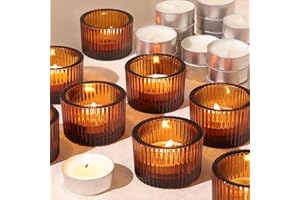 HAVITI 18 pcs Amber Tealight Candle Holders with 18PCS Tealights, Glass Votive Candle Holders Set for Table Centerpiece, Home Decor and Party Supplies