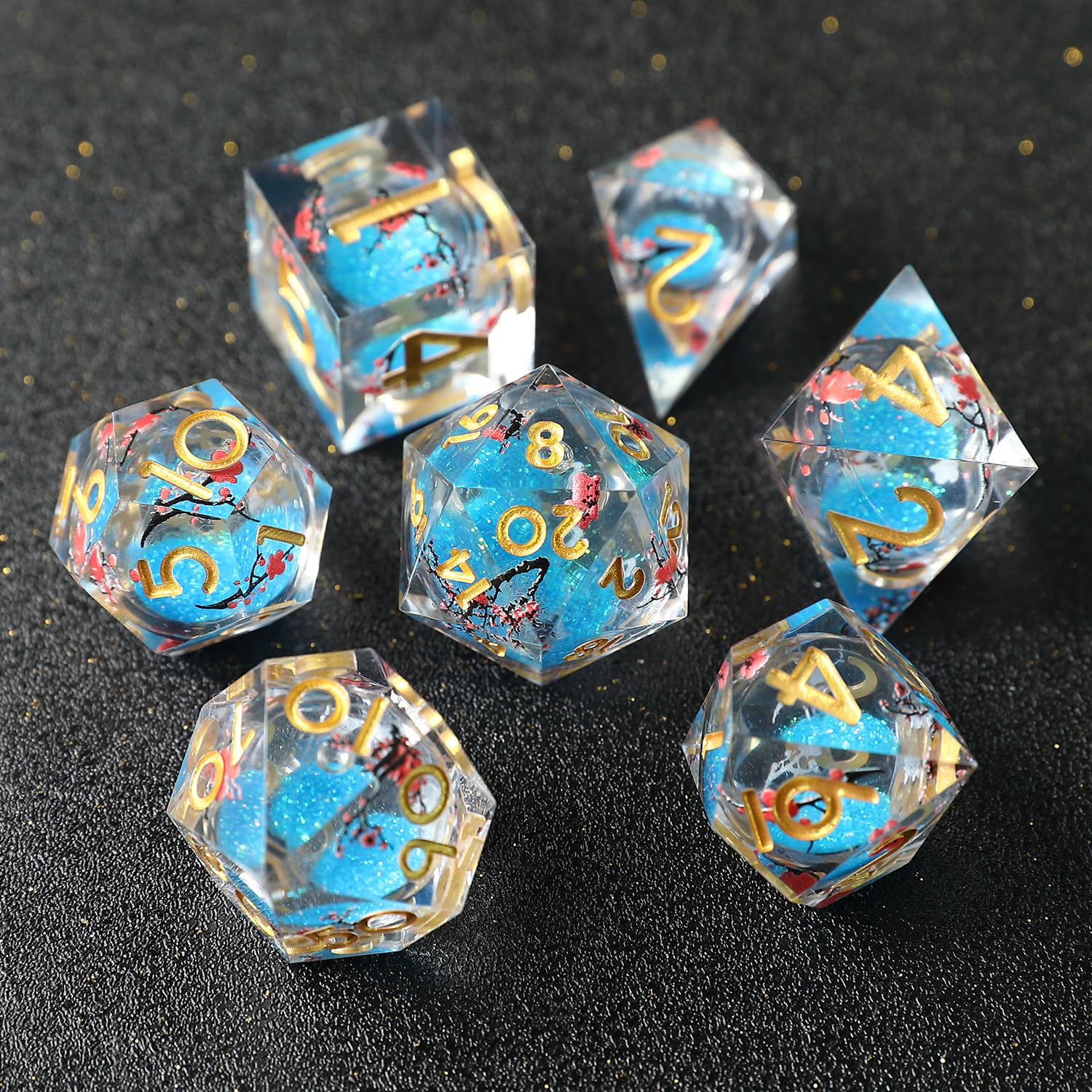 Liquid Core DND Dice Set 7pcs, Resin Sharp Edged Polyhedral Dice for Dungeons and Dragons, Handmade RPG D20 D12 D10 D8 D6 D4 Dice, Koi Fish Ocean Themed D&D Dice Role Playing Dice — image 1