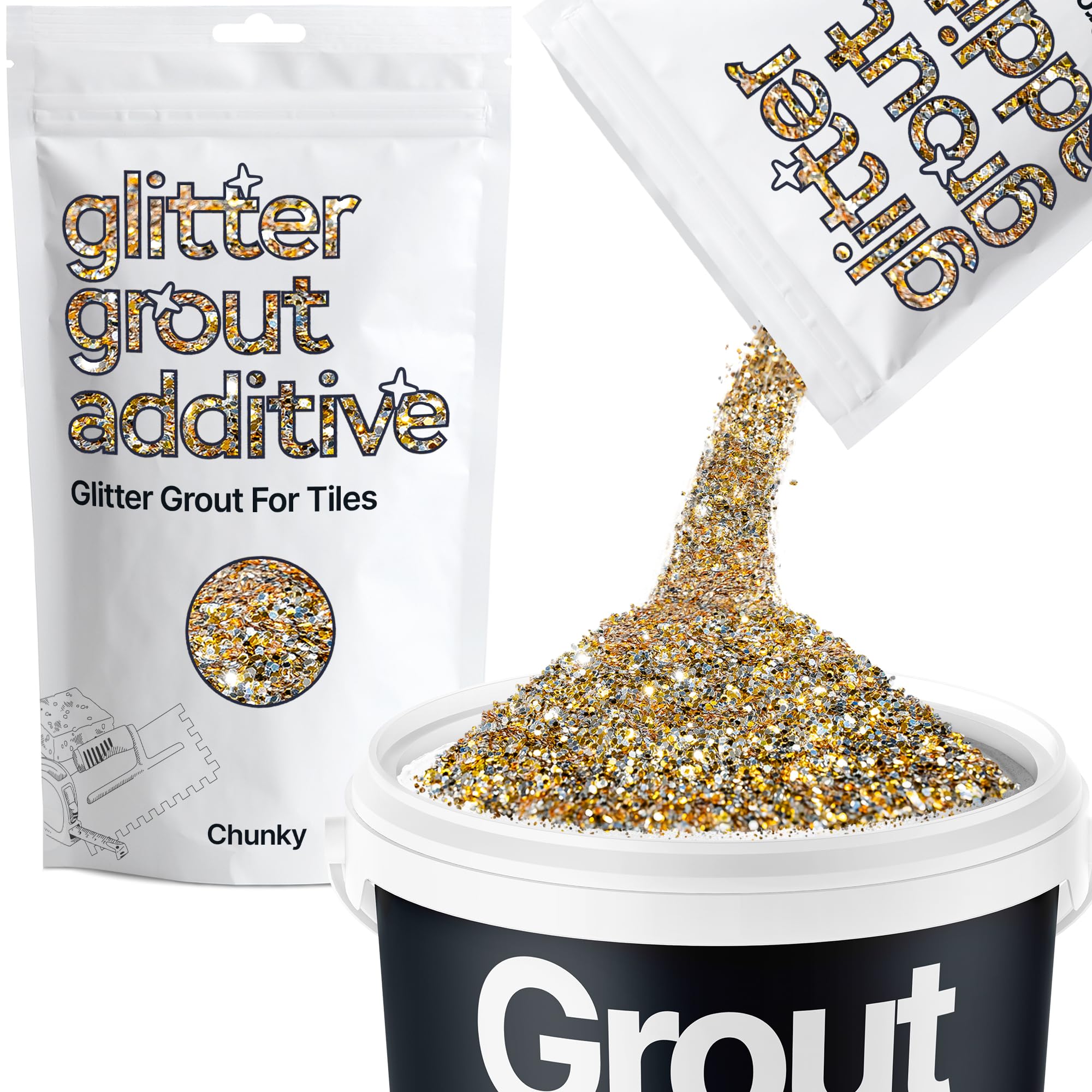 Hemway Gold Silver Glitter Grout Additive Chunky 100g Metallic Flakes for Adding Sparkle to Kitchen & Bathroom Tiles | Enhance Your Indoor Grouting Projects with a Durable Sparkly Effect