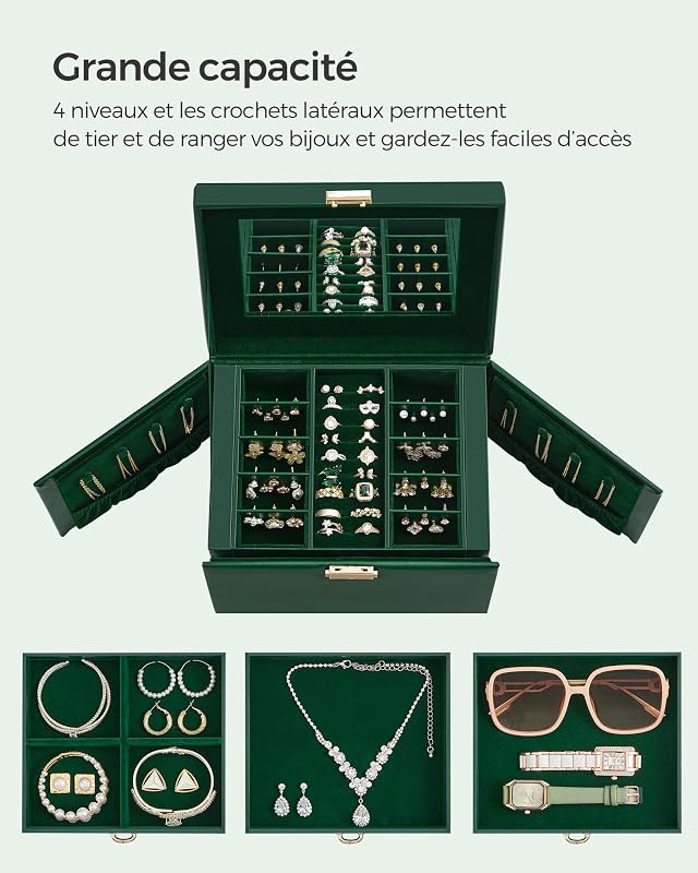 Boîte à Bijoux 4 Niveaux, avec 3 Tiroirs, Verrouillable