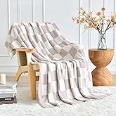 Checkered Blanket, Cozy Soft Throw Blankets for Couch Bed, Fluffy Plaid Lightweight Comfy Travel Picnic Blanket Gifts for Sofa Chair Living Room Camping (Ivory White, Throw 50"x60")