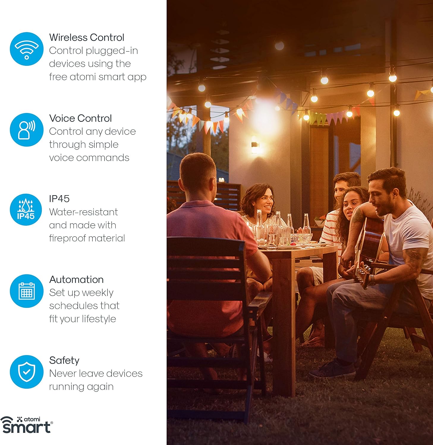 Atomi Smart Outdoor Plug WiFi works with Droid iOS control from any phone, great for holiday lights and lawn accessories - - 