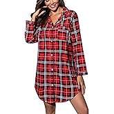PNAEONG Women's Flannel 100% Cotton Nightgown Button Down Boyfriend Nightshirt Mid-Long Style Sleepshirt Pajama Tops