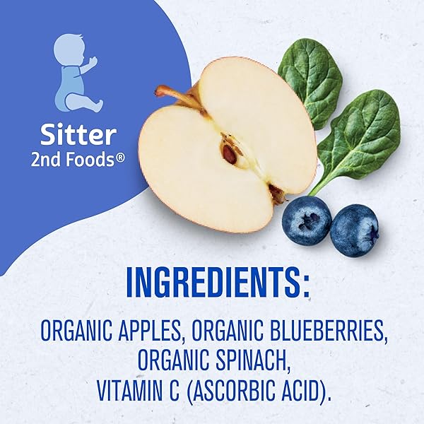 GERBER ORGANIC BABY FOOD POUCHES, 2ND FOODS FOR SITTER, APPLE BLUEBERRY SPINACH, 3.5 OUNCE