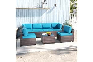 Halmuz 7 Piece Patio Furniture Sets Outdoor Conversation Sofa Set, All-Weather High Back PE Rattan Wicker Sectional Furniture Patio Sofa w/Tempered Glass Top Table&Thickened Cushions(Teal)
