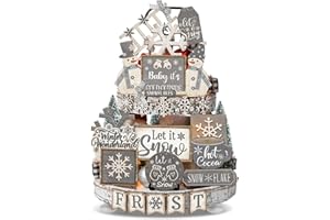 Nuogo 25 Pcs Winter Tiered Tray Decor Wood Rustic Winter Decoration for Home Christmas Snowflake Table Shelf Farmhouse Let It Snow Decor Xmas Snowman Signs for Table Holiday