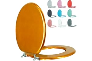 BLOFDE Round Toilet Seat Wood Toilet Seat Prevent Shifting with Zinc Alloy Hinges American Standard Size Toilet Seat Easy to Install also Easy to Clean(Round,Sparkling Classical Gold)