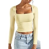 SUUKSESS Women Square Neck Long Sleeve Tops Double Lined Going Out T Shirts