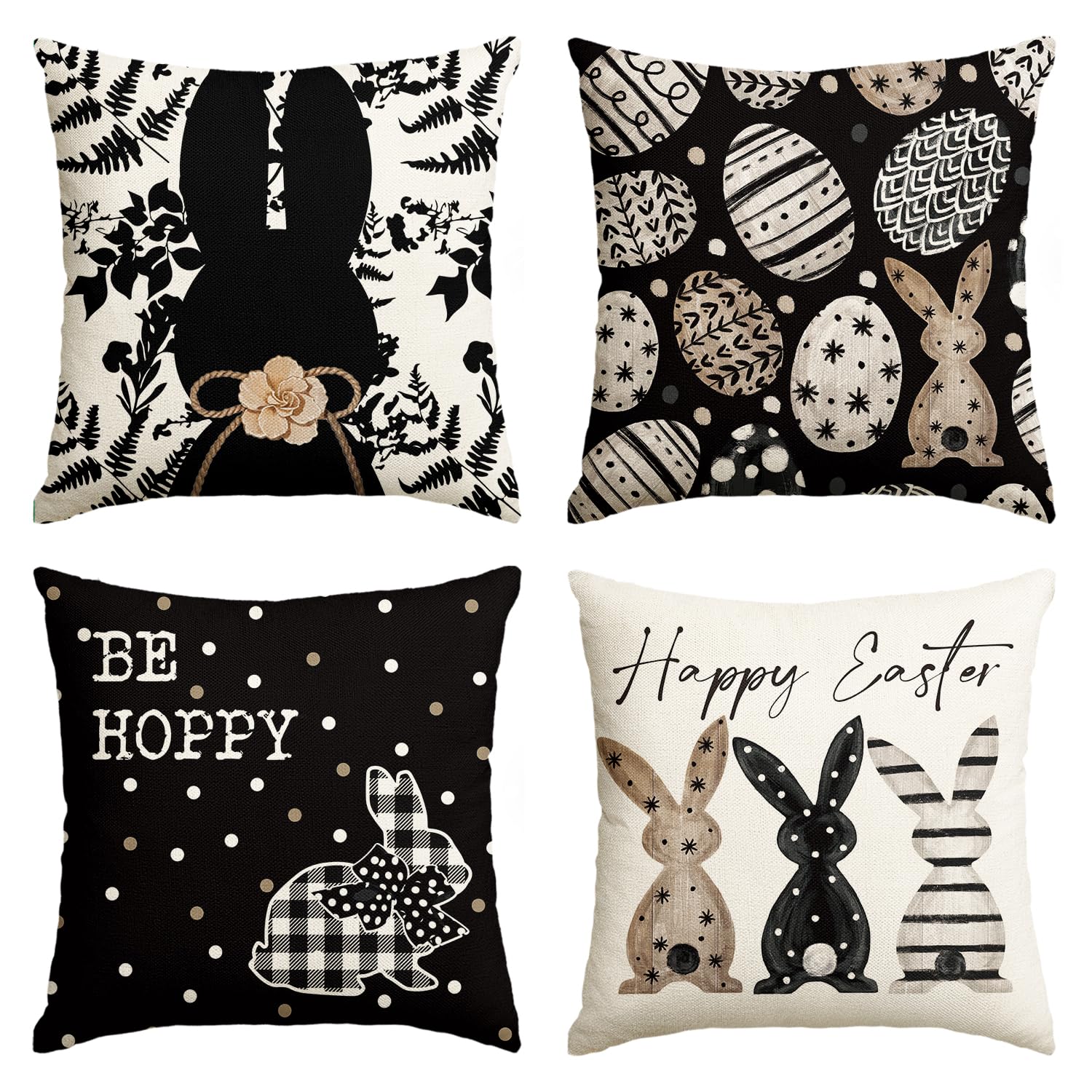 AVOIN colorlife Happy Easter Be Hoppy Rabbit Easter Eggs Black Throw Pillow Covers, 20 x 20 Inch Cushion Case Decoration for Sofa Couch Set of 4