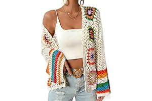 Women's Boho Floral Crochet Cardigan Granny Square Open Front Sweater with Rainbow Striped Sleeves Y2K Vintage