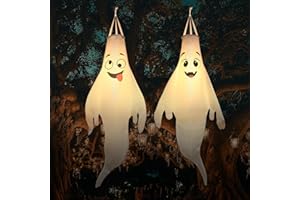 YOTNUS Halloween-Decorations-Outdoor Hanging-Ghost Windsocks for Trees with Timer, LED Ghosts to Hang in Tree Porch Yard, Waterproof, Timer,2 Pcs (No Batteries)