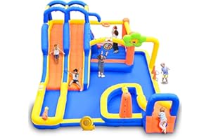 WELLFUNTIME Inflatable Bounce House with Blower, Jumping Castle with Triple Slide Park, Dartboard, 3 Slides, Ring Toss Game and Climbing Wall