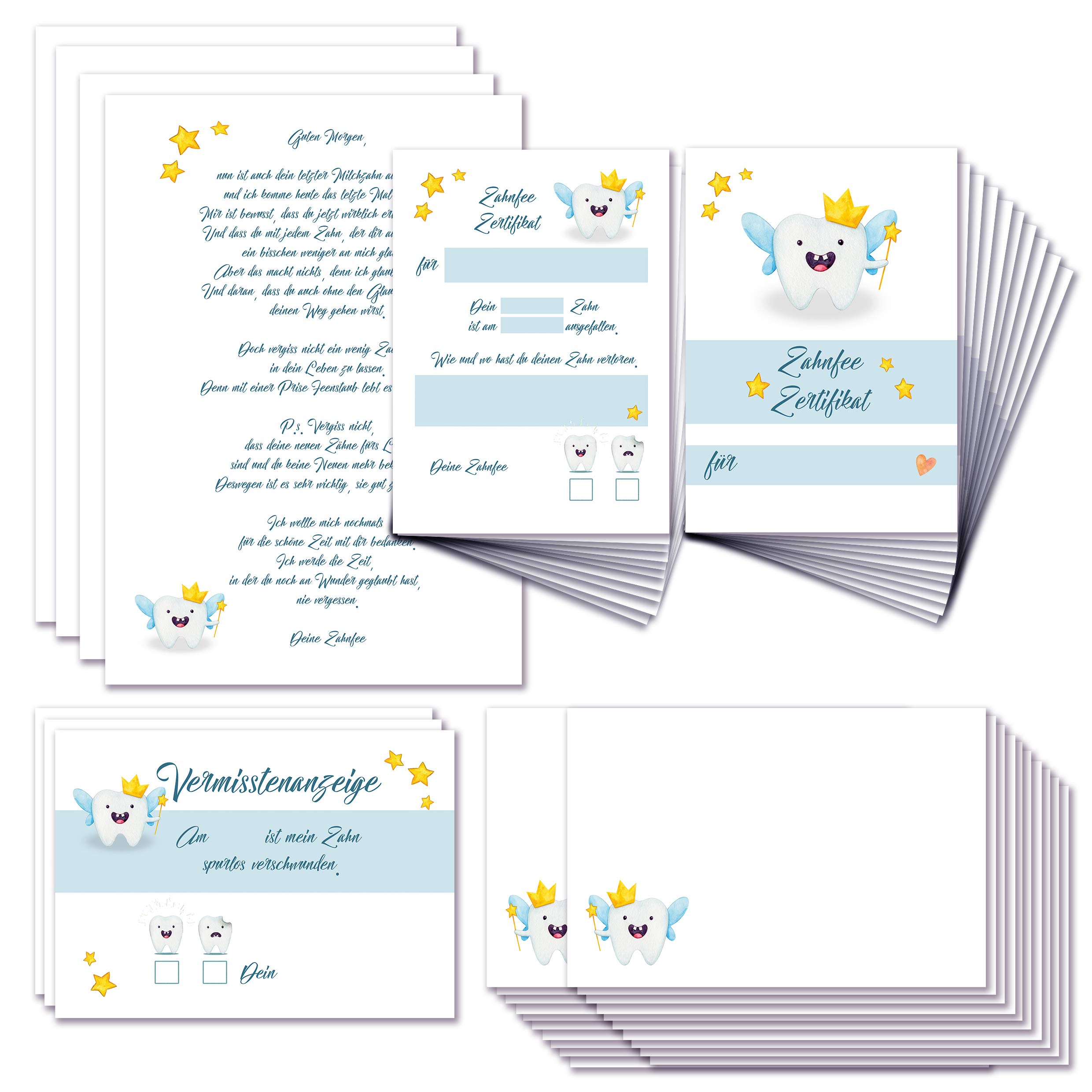 Klasse Tooth Fairy Certificate, Certificate, 20 Certificates, 20 Envelopes, 2 Tooth Fairy Letters, 3 Misses, 2 Letters in Tooth Fairy Design to Remember, Wobble Teeth, Boy, Girl, Tooth Blue