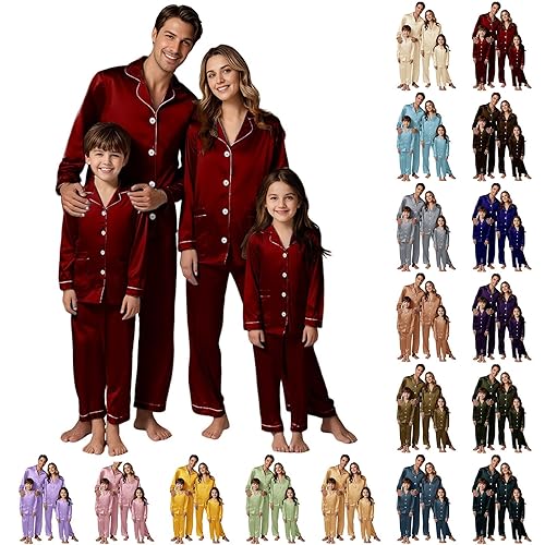Matching Family Christmas Pyjamas, Christmas Matching Pajamas for Family, Mens Women's Pyjama Sets Long Sleeve Silk Satin Xmas Pjs Set, Xmas Sleepwear Nightwear for Women Men Adult Kid, Couple Pj
