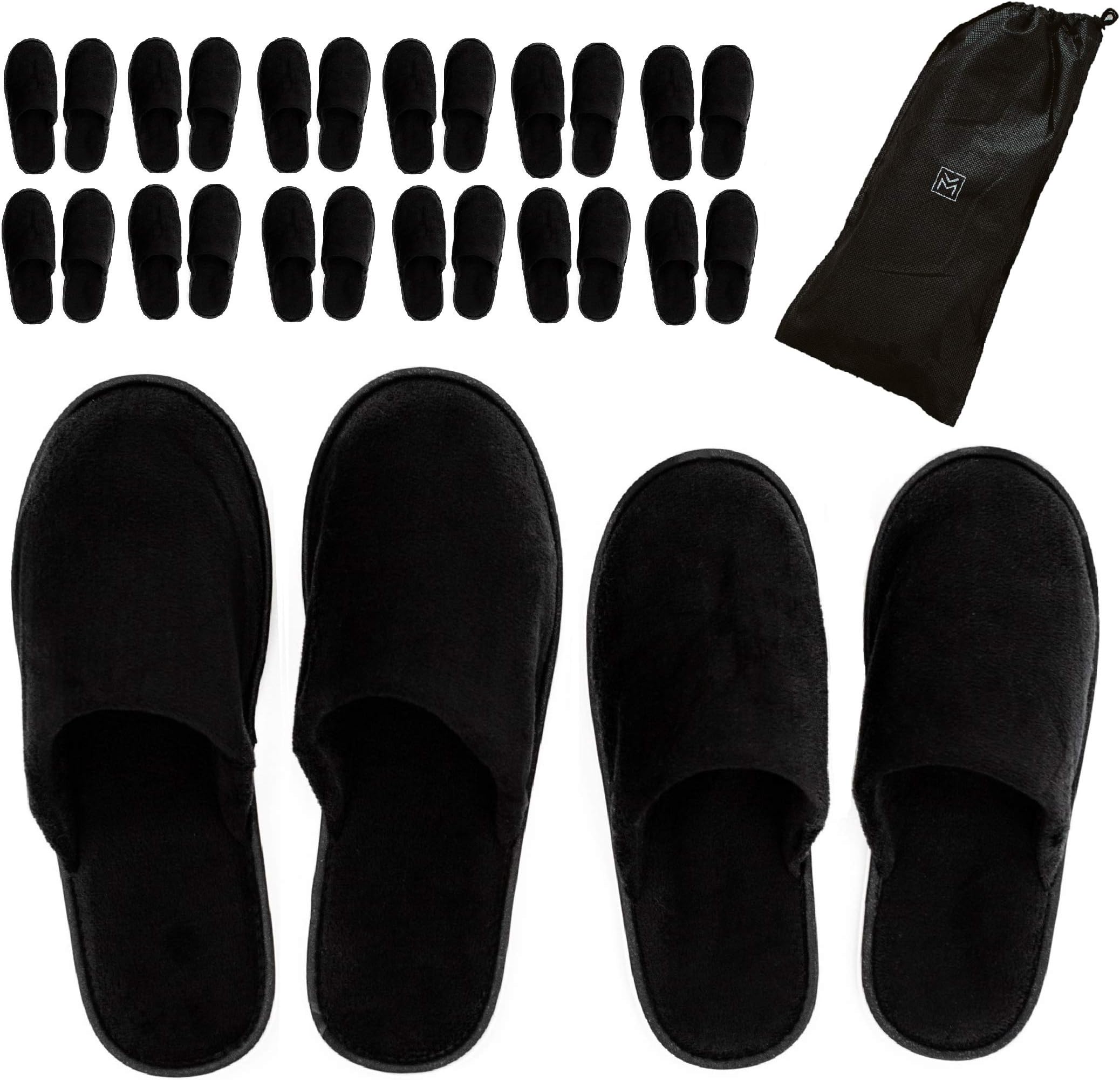 MODLUX Spa Slippers - 12 Pairs of Cotton Velvet Closed Toe Slippers w/Travel Bags – Thick, Soft, Non-Slip, Disposable Slippers – 6 Medium/6 Large - Home, Hotel, or Commercial Use (12 Pack Combo Black)