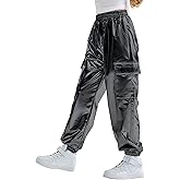 Rolanko Girls Shiny Metallic Cargo Pants, Sparkle Jogger Pants for Girls Hip Hop Dance Streetwear Cargo Trousers 6-15 Years