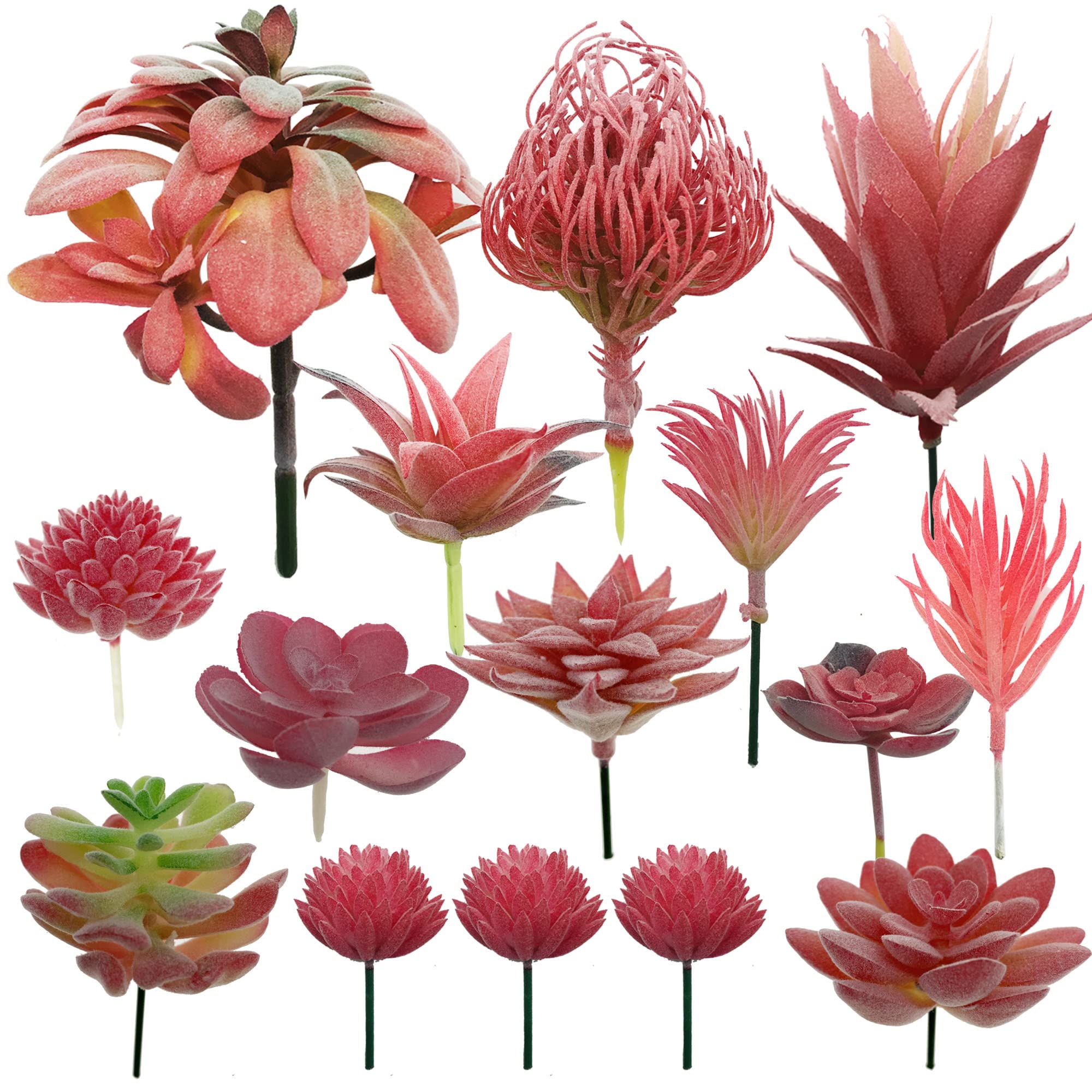 Cayway 15 PCS Artificial Succulent Plants, Red Fake Succulent, Unpotted Faux Succulent Assortment in Flocked Purpl in Different Type for Birthday Home Decor Indoor Wall Garden DIY