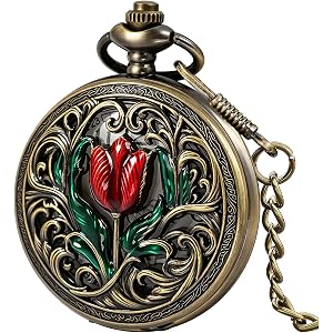Tiong Pocket Watch Flower 3D Pattern Vintage Quartz Pocket Watches with Chain Christmas, Graduation, Birthday Gifts Mother's