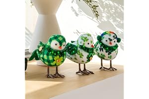 WINDRIO St Patricks Day Decorations, Set of 3 Green St Patricks Day Bird Plush Doll with Lucky Clover Tiered Tray Decor, Home Table Shelf Decor Ornaments for Irish Saint Patrick's