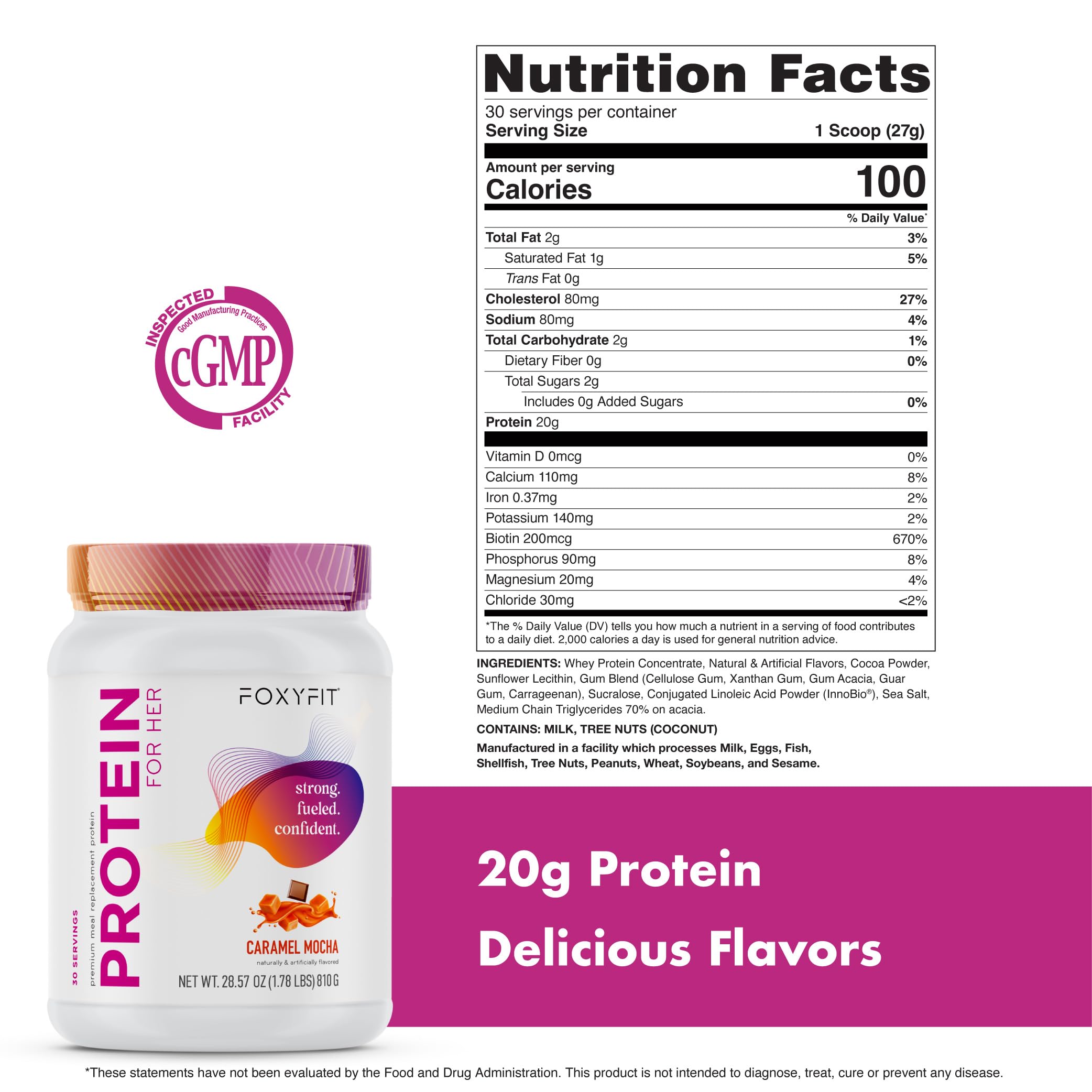 FoxyFit Protein for Her, Caramel Mocha Whey Protein Powder with CLA and Biotin for a Healthy Glow (1.85 lbs)