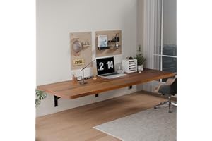 IAE Floating Wall Mounted Folding Table Desk with Pine Wood,60" x 22" Foldable Workbench,Fold Down Wall Mounted Foldable Desk with Shelf Brackets,Laundry Folding Table for Home,Dining,Kitchen,Teak