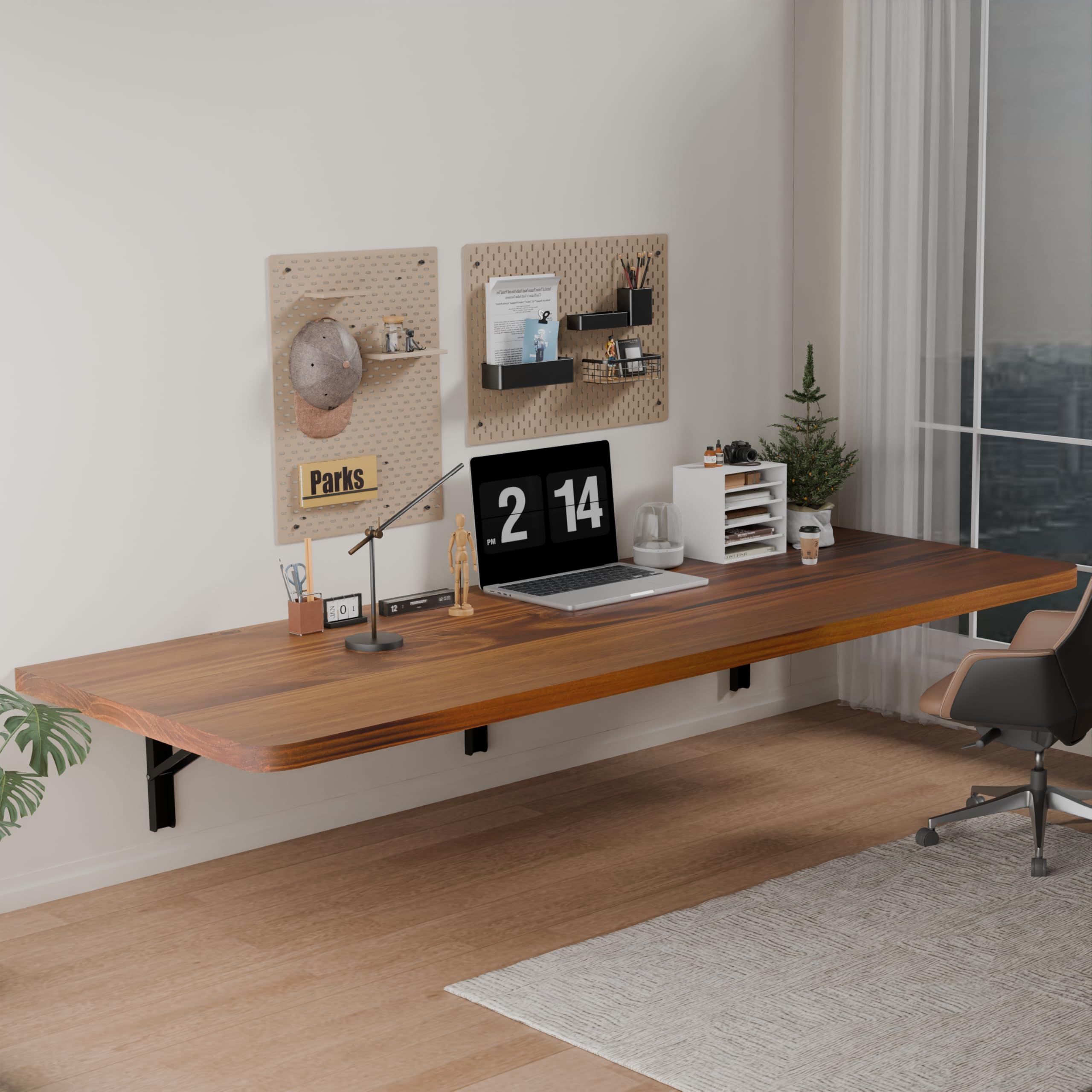 Photo 1 of IAE Floating Wall Mounted Folding Table Desk with Pine Wood,60" x 22" Foldable Workbench,Fold Down Wall Mounted Foldable Desk with Shelf Brackets,Laundry Folding Table for Home,Dining,Kitchen,Teak