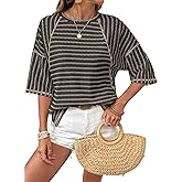 Dokotoo Womens Summer Tops Oversized Tshirts for Women Striped Color Block Short Sleeve T Shirts Crewneck Casual Tee Blouses