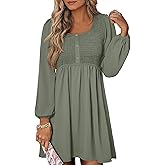 ANRABESS Womens Long Lantern Sleeve Dresses 2026 Spring Casual Smocked High Waist Flowy Short Dress with Pockets Trendy