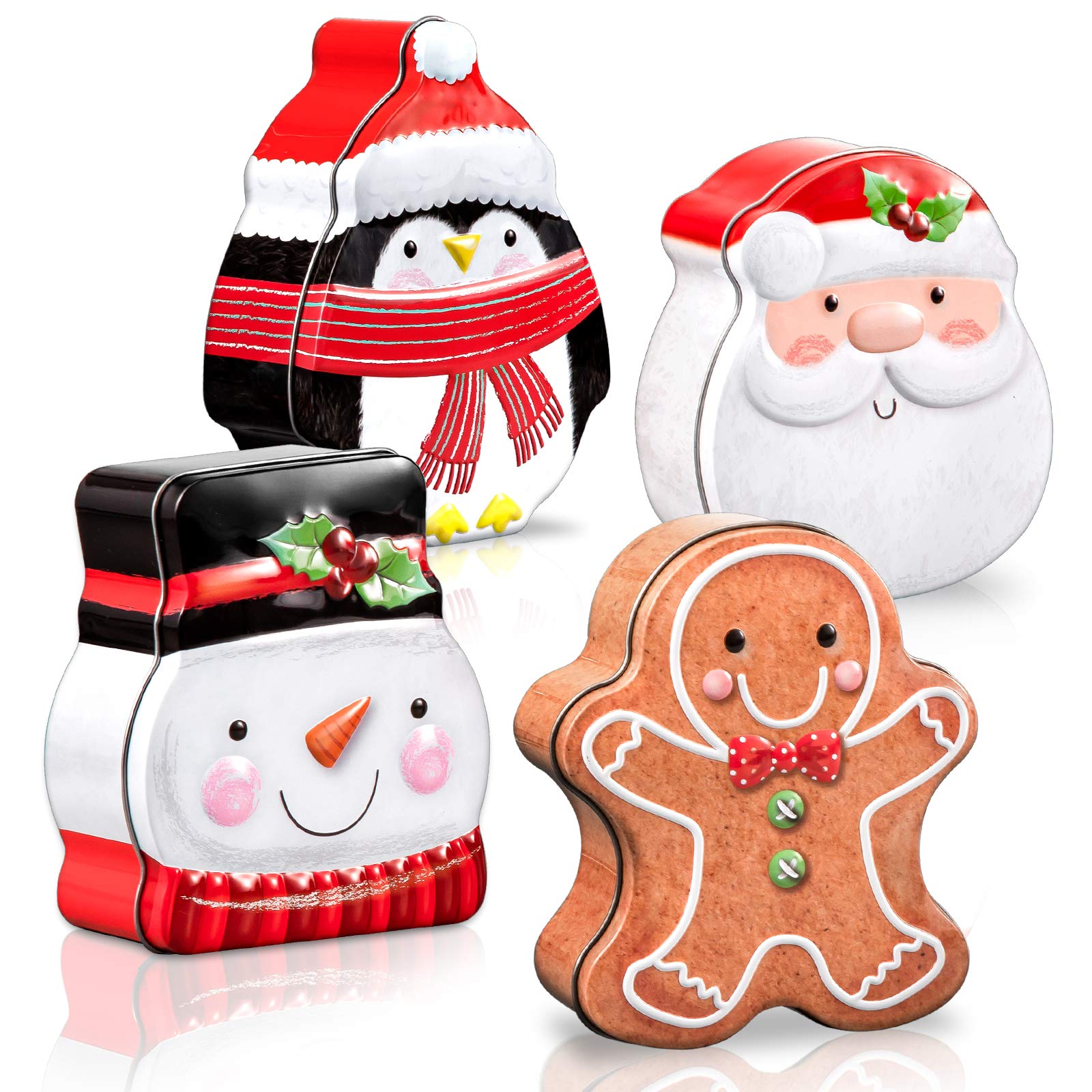 Waline Xmas Card Holder Containers, Assorted Metal Cookie Tin Boxes with Lid, Party Decor Supplies - Santa Claus, Snowman, Gingerbread, Penguin, 4 Pack