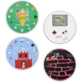 Pounchi Retro Video Game Coasters (4 Pack) | Round Ceramic Absorbent Coasters with Cork Base, Retro Pixel Style Merch for Game Lovers Teens