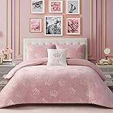 Juicy Couture Plush Reversible Embossed Crown 4-Piece Full/Queen Comforter Set with Decorative Pillow, Light Pink