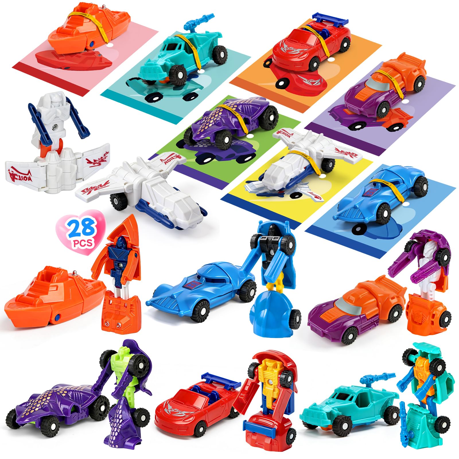Photo 1 of 28-Pack Valentine’s Day Gift Mini Transforming Robot Car Toys Bulk with Cards for Kids Transformer Vehicle Toys Party Favors School Classroom Gifts Exchange Goodie Bag Stuffers for Boys and Girls