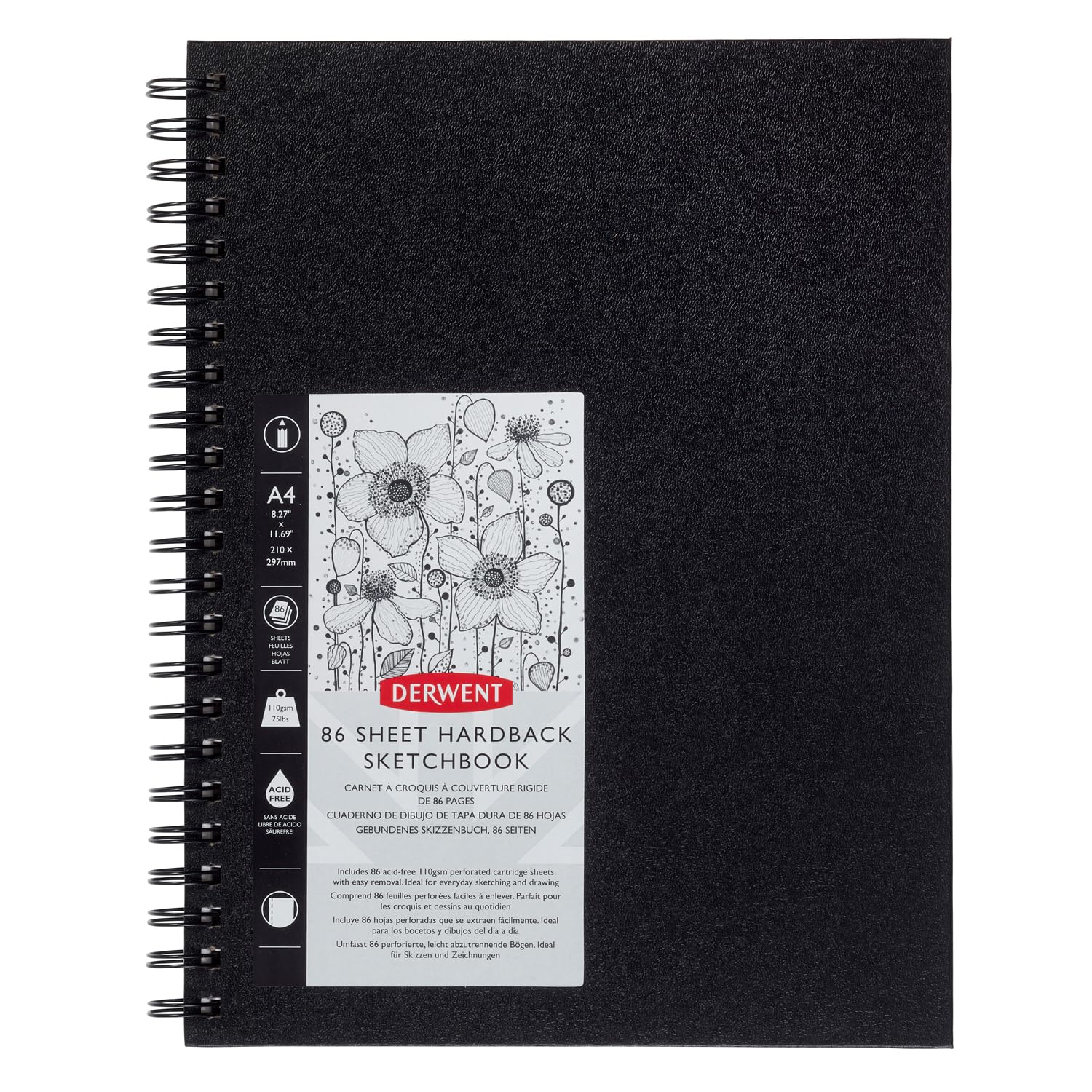 Derwent Big Book Hardback Sketch Book, A4 Portrait, Drawing & Writing, 86 Sheets, Acid-Free Paper, Wirebound Spine, Professional Quality, 2301607,Black,A4
