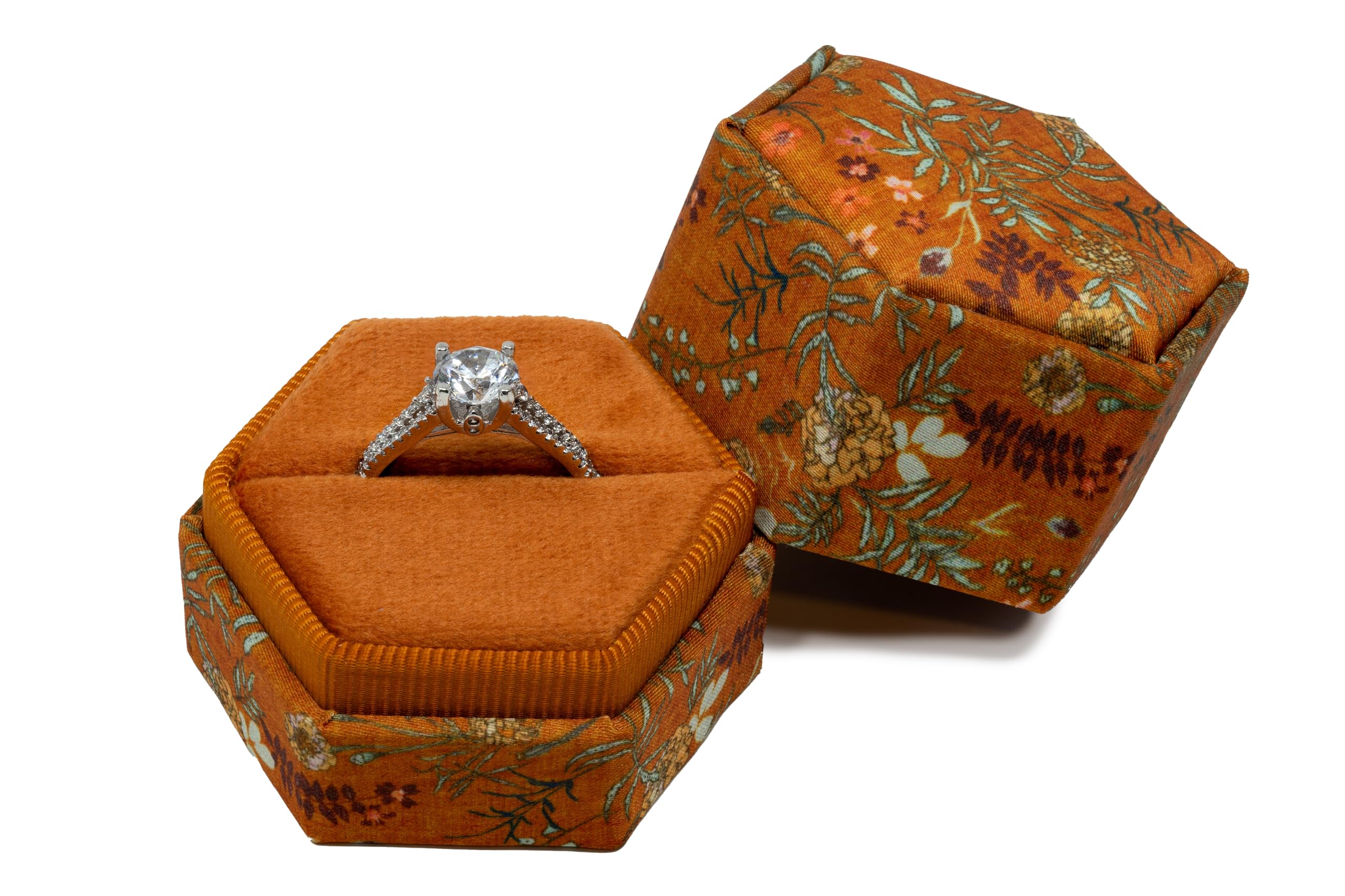 Photo 1 of Beatrix & Luca Printed Fabric Velvet Ring Box for Wedding Ceremony, Proposal, Engagement, Bridal (Marigold Single Ring)