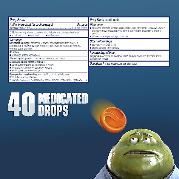 MUCINEX INSTASOOTHE SORE THROAT RELIEF DROPS, SORE THROAT LOZENGES, SORE THROAT MEDICINE WITH HEXYLRESORCINOL, COUGH DROPS ALTERNATIVE, HONEY & ECHINACEA FLAVOR MEDICATED NUMBING THROAT DROPS, 40 CT