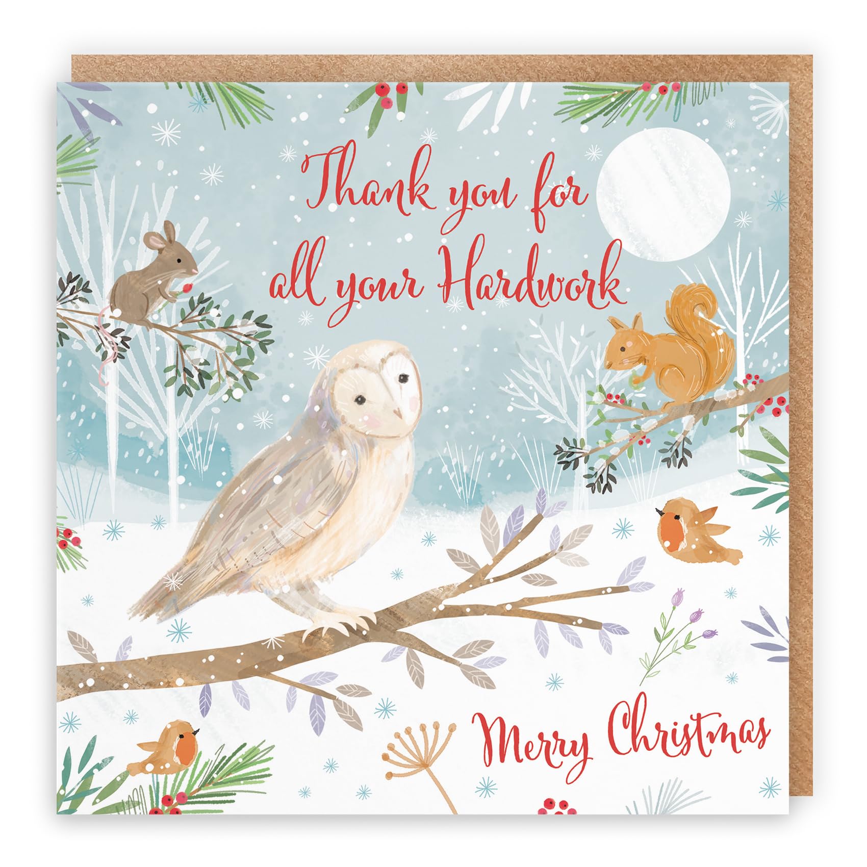 Hunts England - Thank You For All Your Hardwork Cute Owl Christmas Card - Nature's Treasures - Happy Animal Wildlife Merry Xmas Card - For Carer, Gardener, Employee, Contractor, Builder, etc.