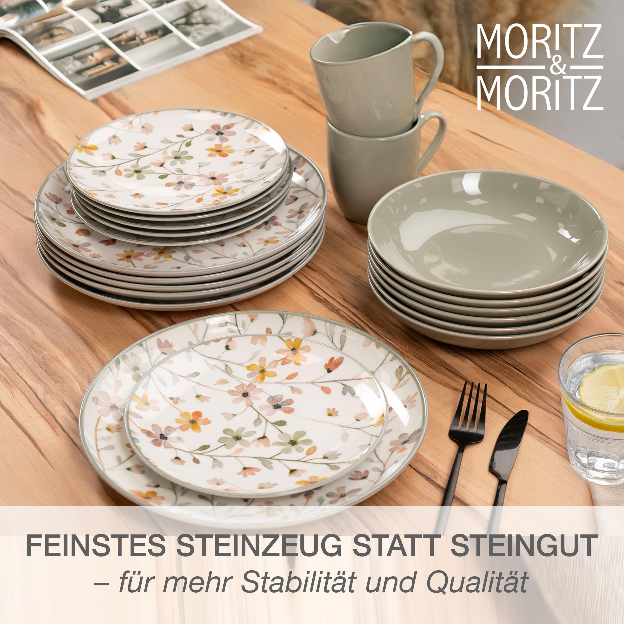 Moritz & Moritz PRIMAVERA Steingut Geschirrset 6 Personen 24-tlg. - Modernes Tafelservice mit verspieltem Design, Pflegeleichtes Kaffeeservice mit Teller Set, Schüsseln & Tassen - Kombiservice 4