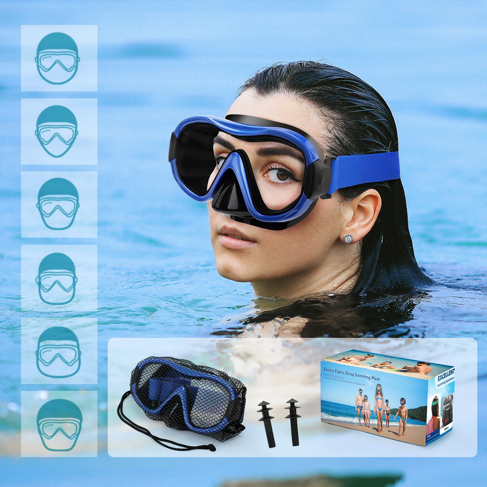 Tauchmaske, professionelle Anti-Beschlag-Schnorchelbrille, auslaufsichere Schwimmmaske mit weichem, verstellbarem Riemen und Netztasche, Ohrstöpsel 6