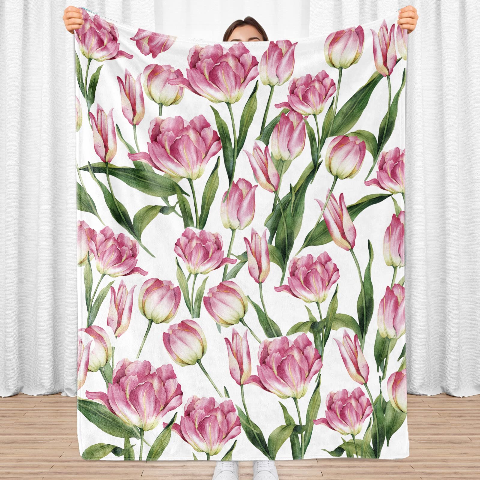 Sowide Pink Tulips Blanket, Pink Flowers Blanket Throw, Soft Warm Lightweight Plant Flannel Blanket, Cozy Fleece Plush for Adult Kids, Sofa, Couch, Bed, Living Room, Bedroom, Office, 102x127cm