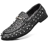 COSIDRAM Men's Glitter Studded Dress Shoes Fashion Metallic Sequins Gold Buckle Spikes Rivets Luxury Wedding Party Loafers